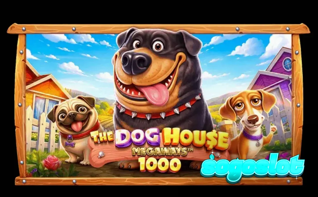 Tampilan visual permainan slot The Dog House Megaways 1000 dengan karakter anjing yang ceria