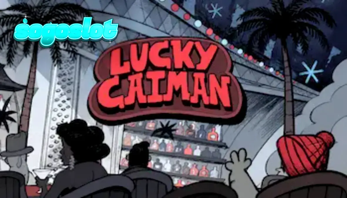 Tampilan visual slot Lucky Caiman dengan karakter buaya di lounge retro